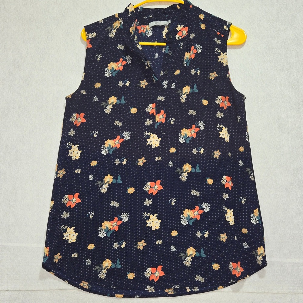 Dalia‎ Sleeveless Floral Print V-Neck Blouse Navy Blue Women's Size M